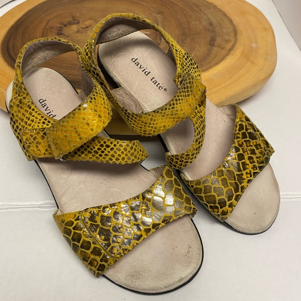 David Tate Yellow Faux Snakeskin Sandals